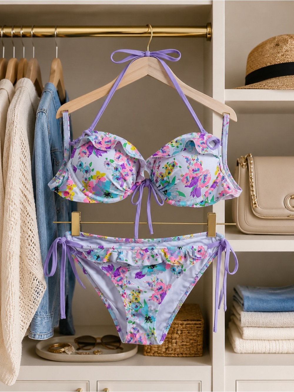 Victoria’s Secret Lavender Floral Ruffle Tie Bikini Set